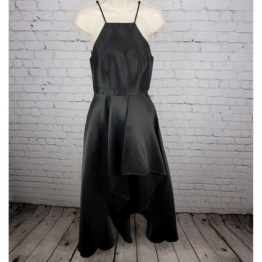 Lulus Black Satin High Neck Strappy High Low A-Line Flowy Cocktail Dress Gown XS