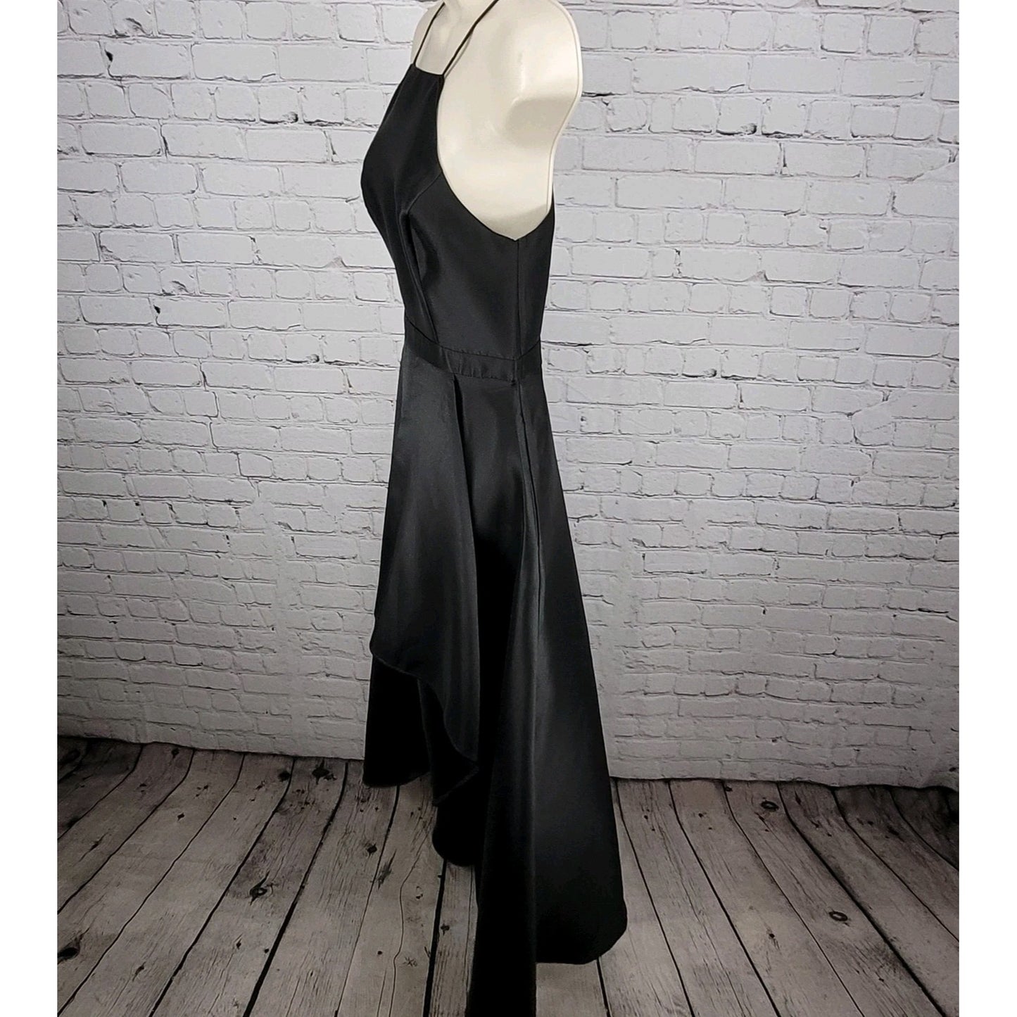 Lulus Black Satin High Neck Strappy High Low A-Line Flowy Cocktail Dress Gown XS