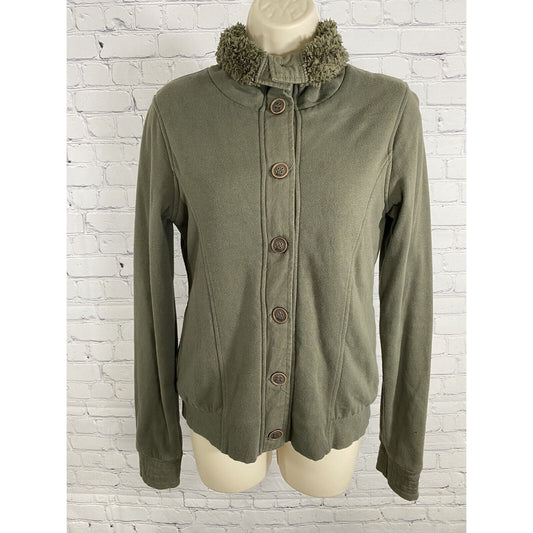 ROXY Green Long Sleeve Fuzzy Lined High Neck W Pockets Button Up Jacket S Small
