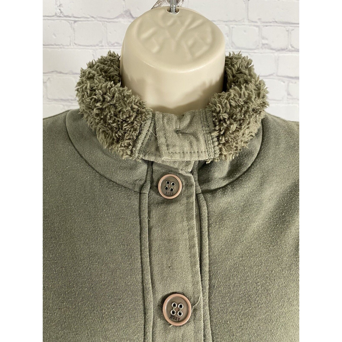 ROXY Green Long Sleeve Fuzzy Lined High Neck W Pockets Button Up Jacket S Small
