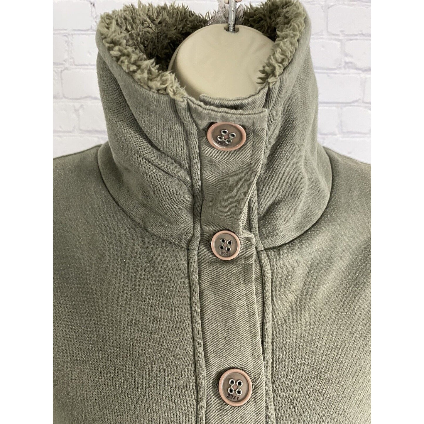 ROXY Green Long Sleeve Fuzzy Lined High Neck W Pockets Button Up Jacket S Small