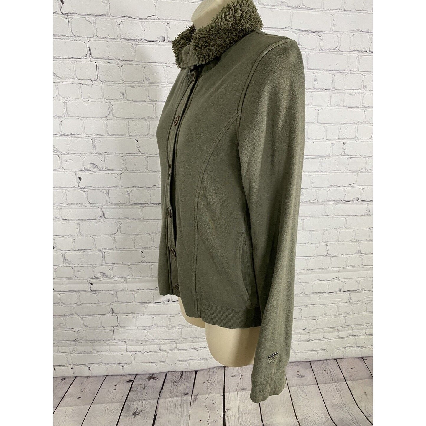 ROXY Green Long Sleeve Fuzzy Lined High Neck W Pockets Button Up Jacket S Small