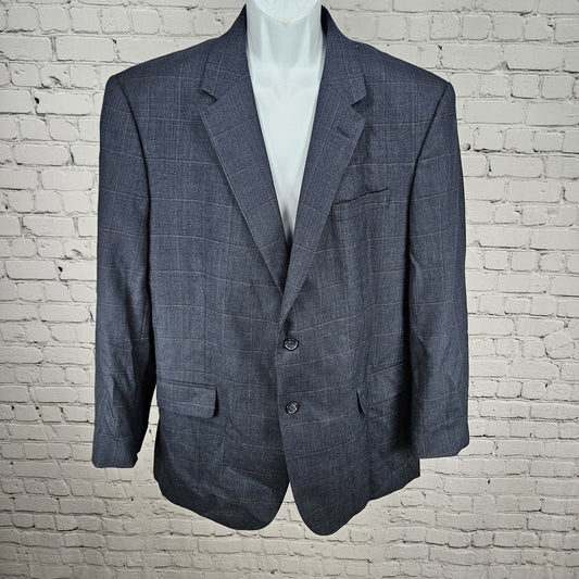 Jos A Bank Blue 100% Wool Windowpane 2 Button Vented Notch Blazer Sport Coat 46R
