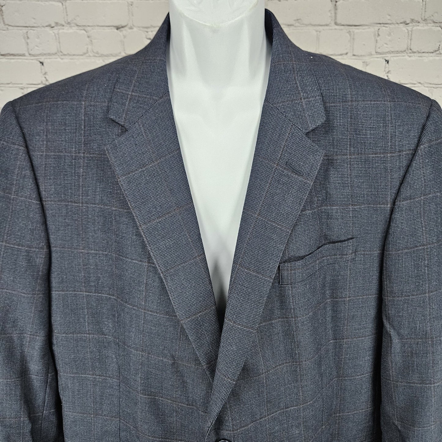 Jos A Bank Blue 100% Wool Windowpane 2 Button Vented Notch Blazer Sport Coat 46R