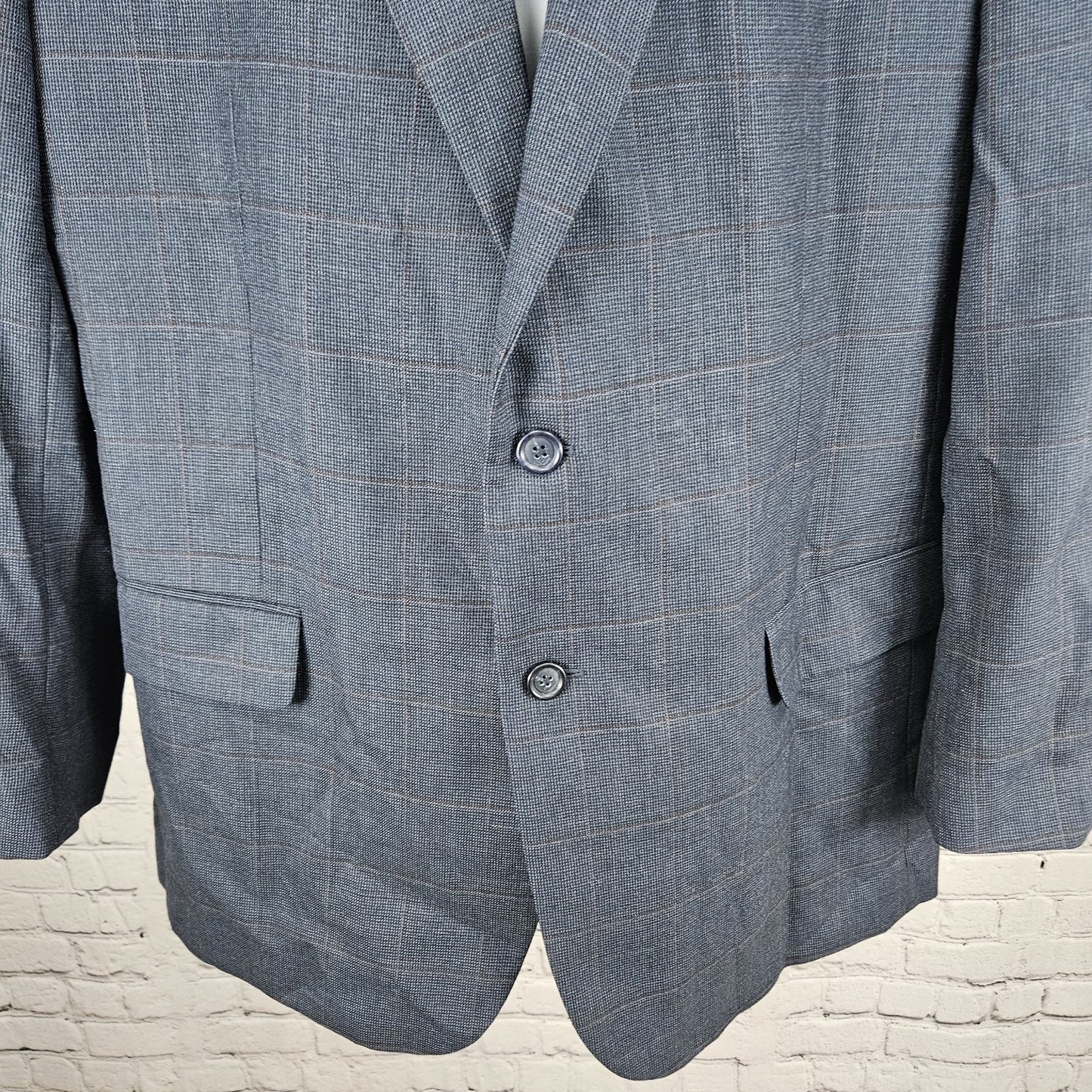 Jos A Bank Blue 100% Wool Windowpane 2 Button Vented Notch Blazer Sport Coat 46R