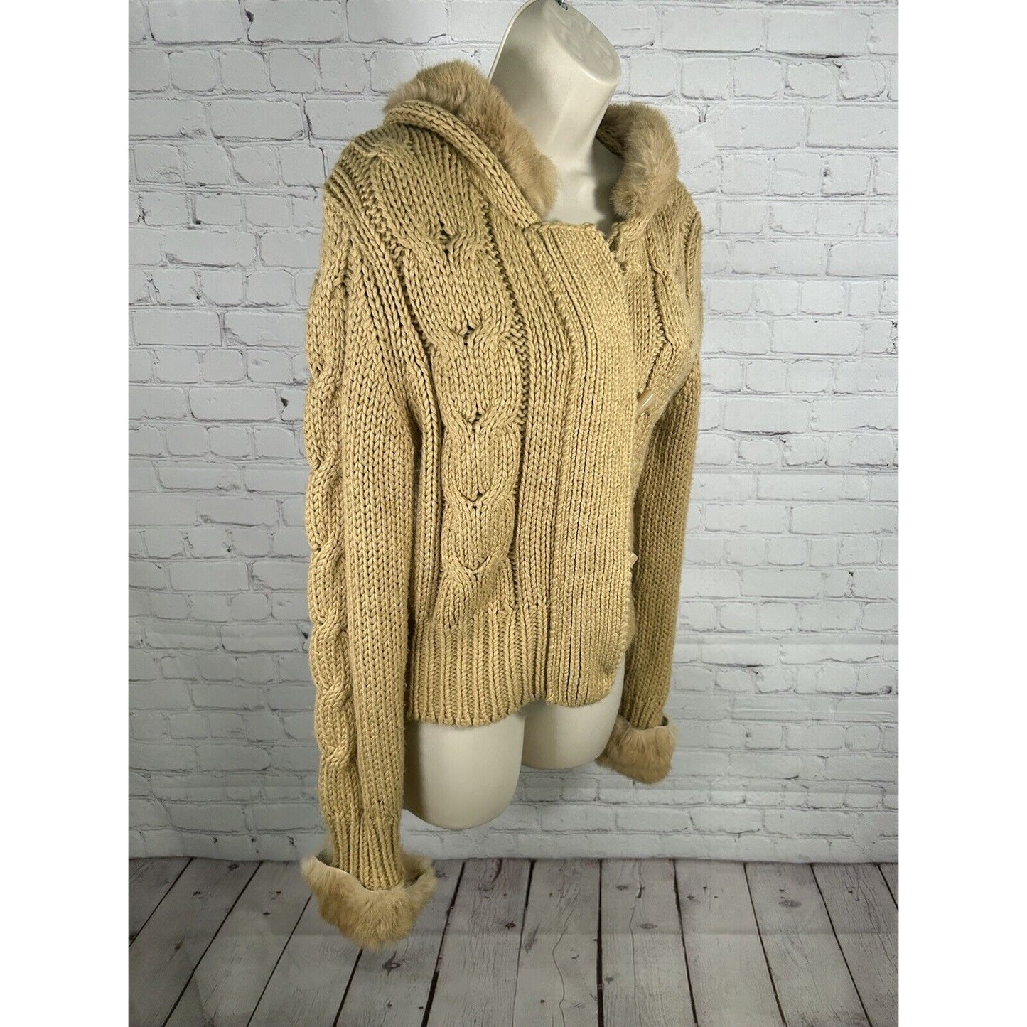 Kenji Chunky Hand Knit Brown Full Zip Rabbit Fur Hooded Toggle Close Jacket XL