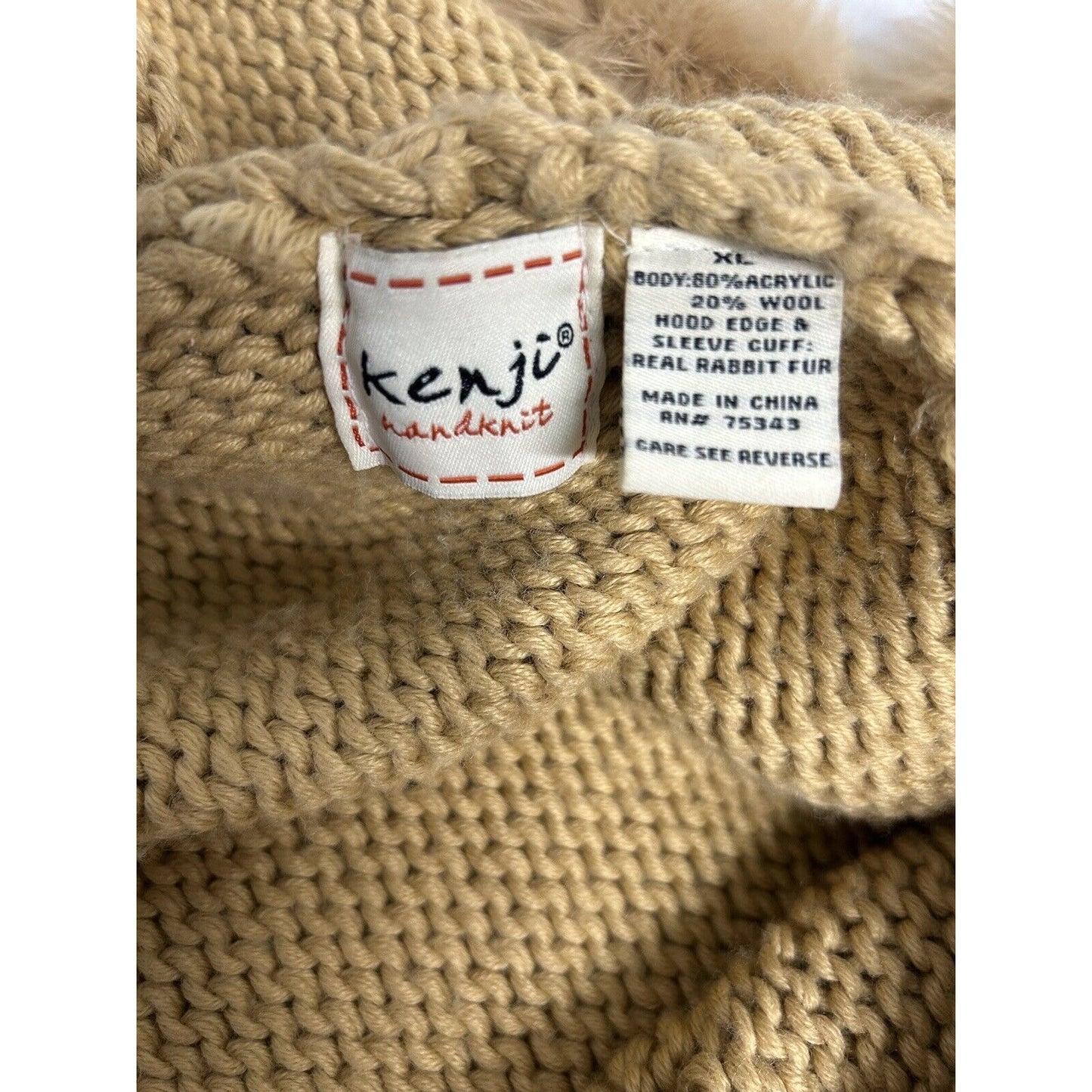 Kenji Chunky Hand Knit Brown Full Zip Rabbit Fur Hooded Toggle Close Jacket XL