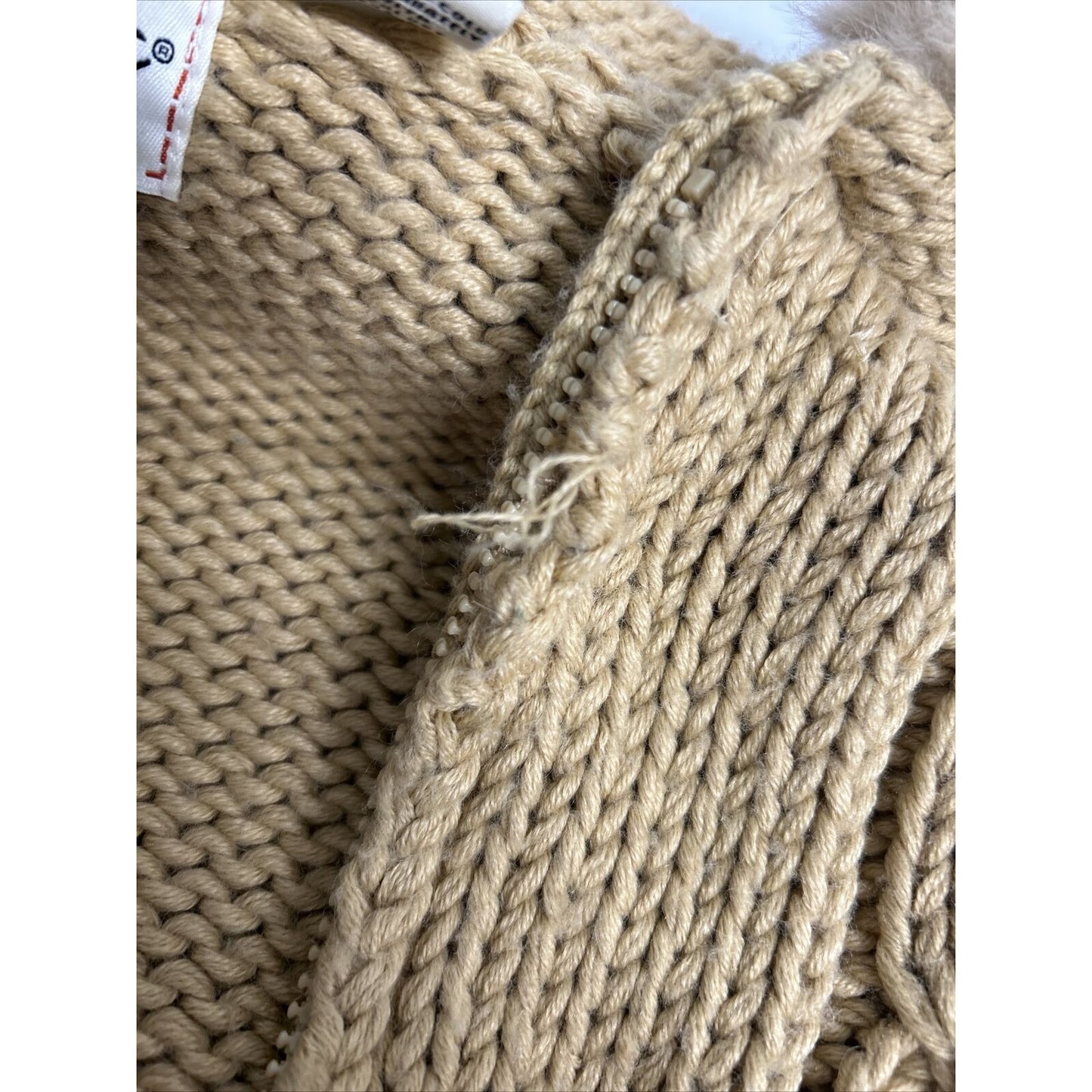Kenji Chunky Hand Knit Brown Full Zip Rabbit Fur Hooded Toggle Close Jacket XL