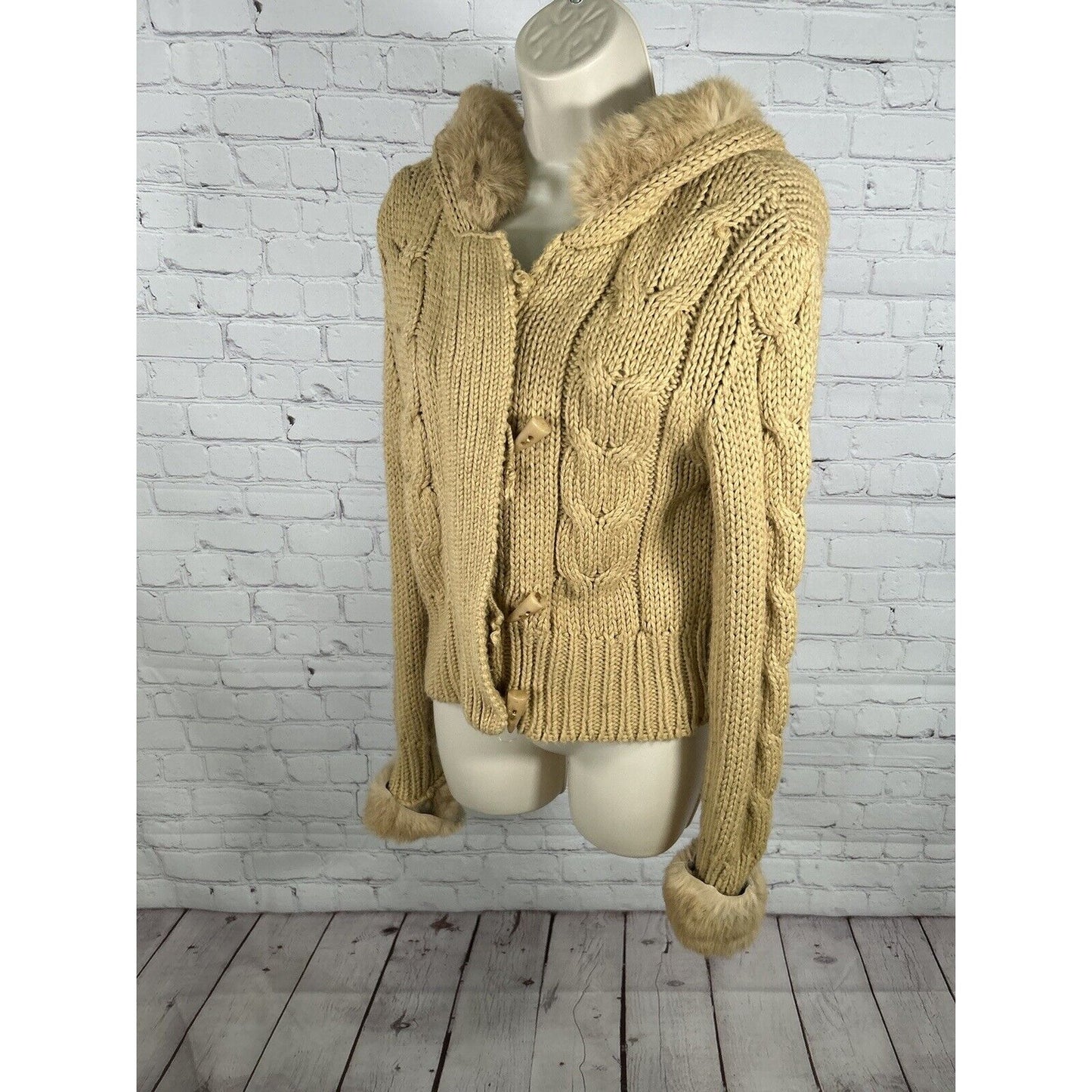 Kenji Chunky Hand Knit Brown Full Zip Rabbit Fur Hooded Toggle Close Jacket XL