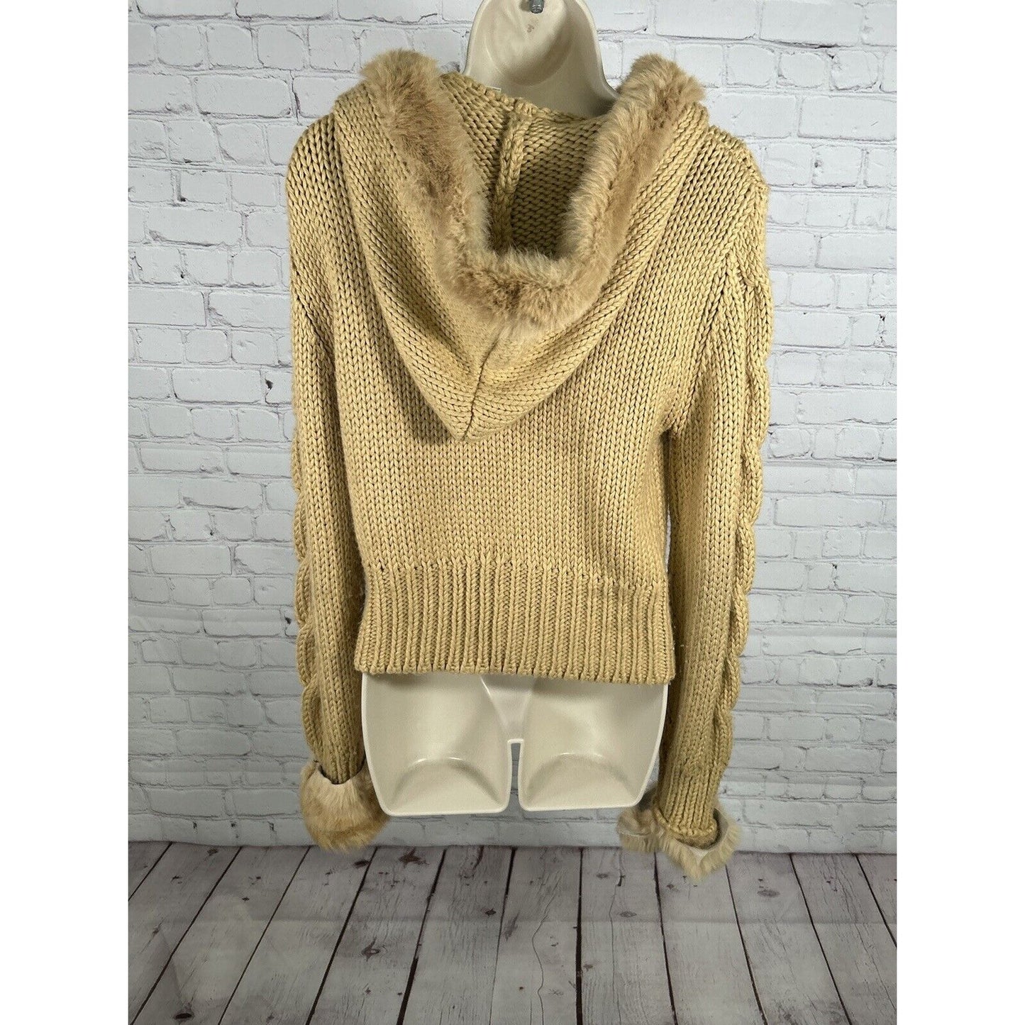 Kenji Chunky Hand Knit Brown Full Zip Rabbit Fur Hooded Toggle Close Jacket XL