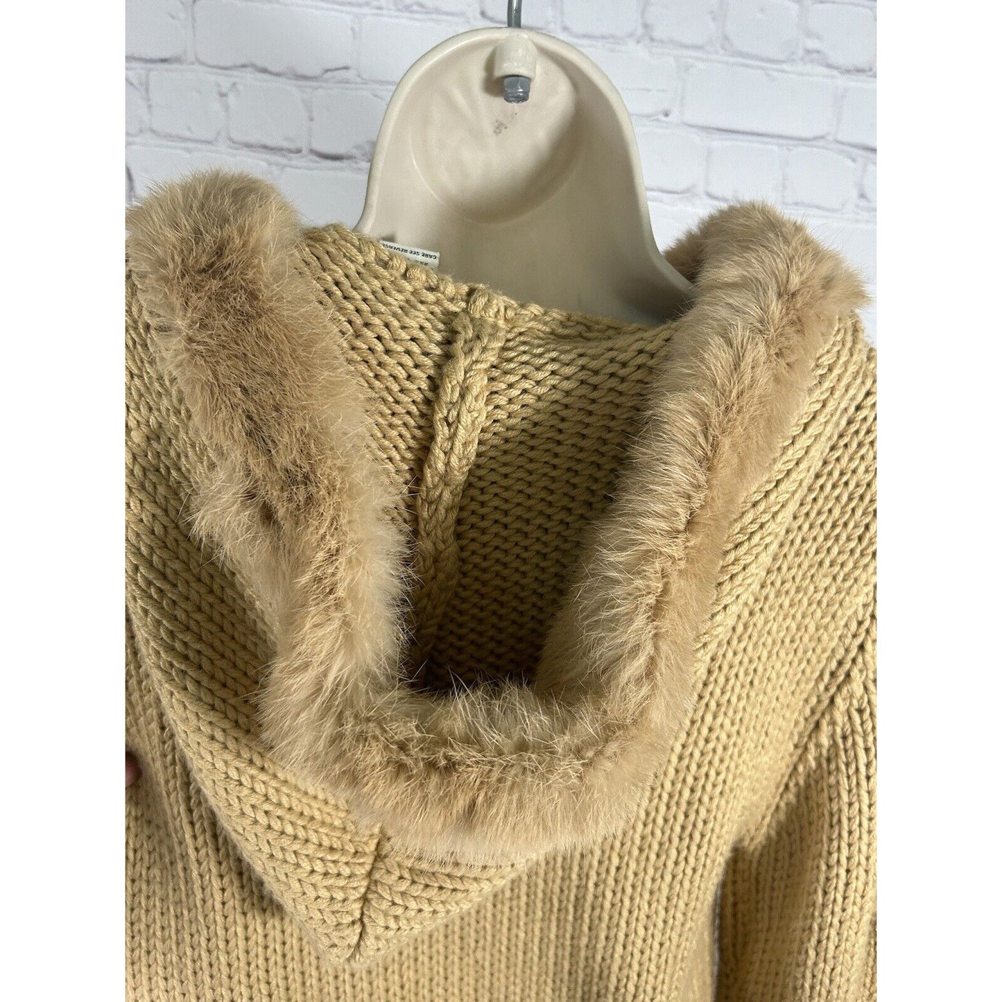 Kenji Chunky Hand Knit Brown Full Zip Rabbit Fur Hooded Toggle Close Jacket XL