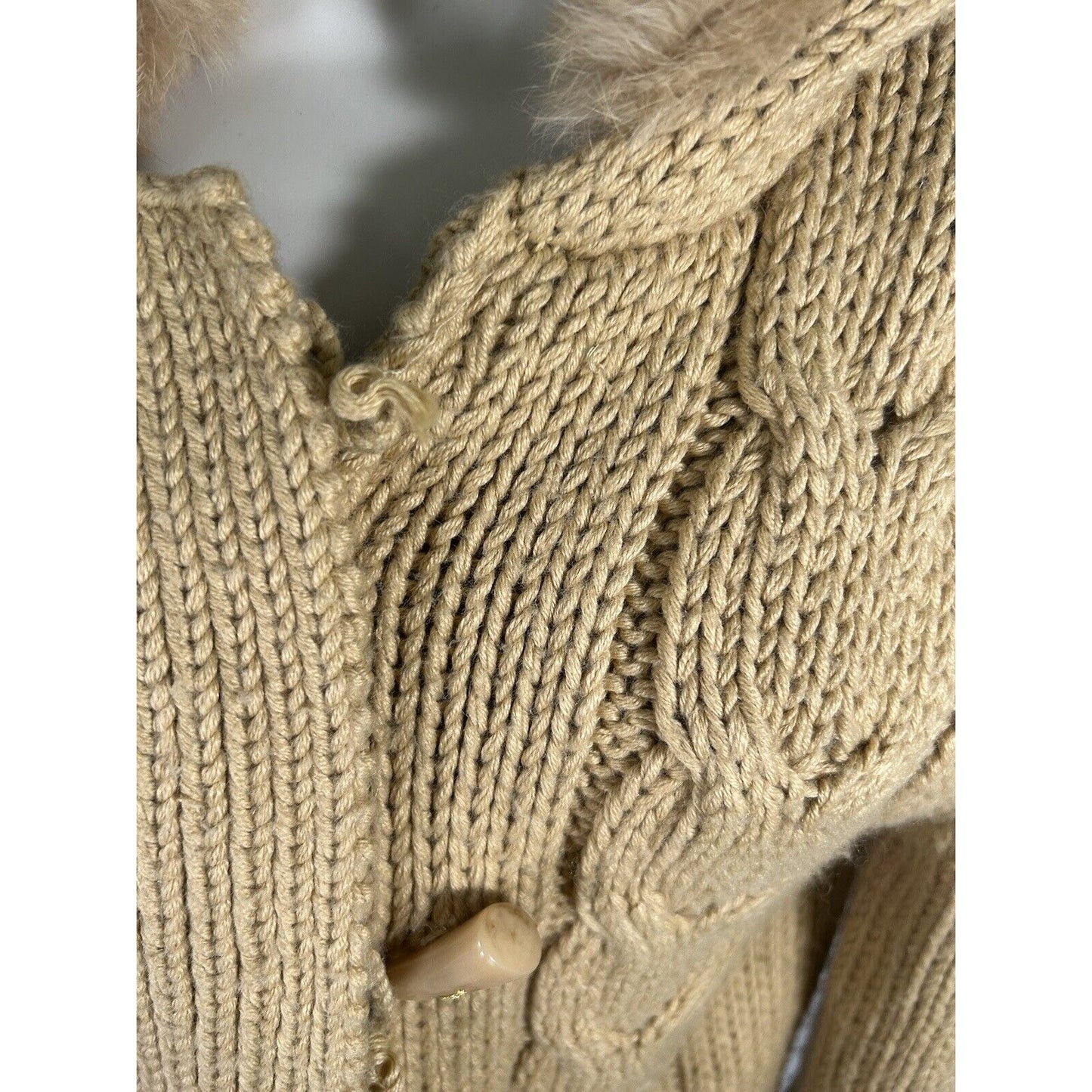 Kenji Chunky Hand Knit Brown Full Zip Rabbit Fur Hooded Toggle Close Jacket XL