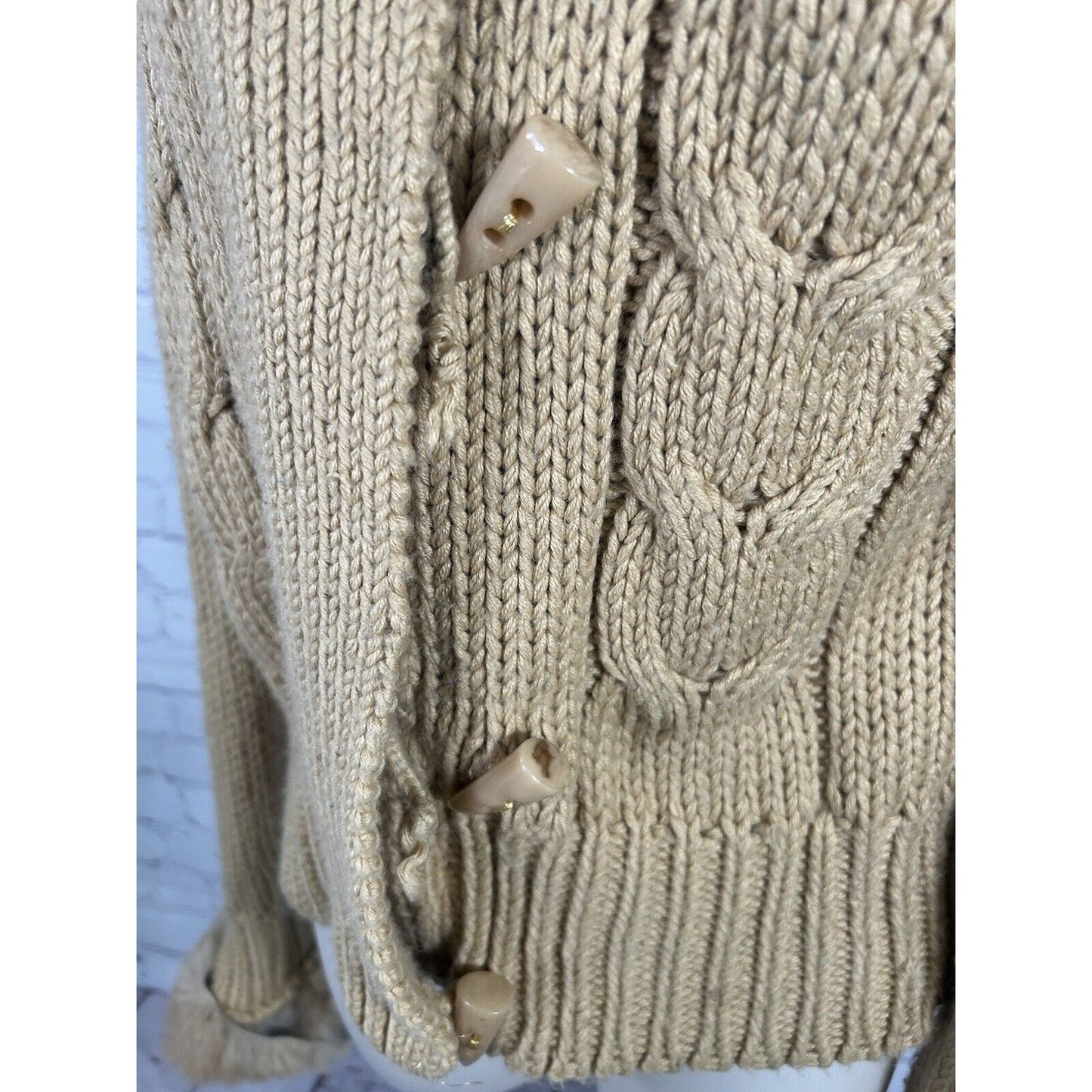 Kenji Chunky Hand Knit Brown Full Zip Rabbit Fur Hooded Toggle Close Jacket XL