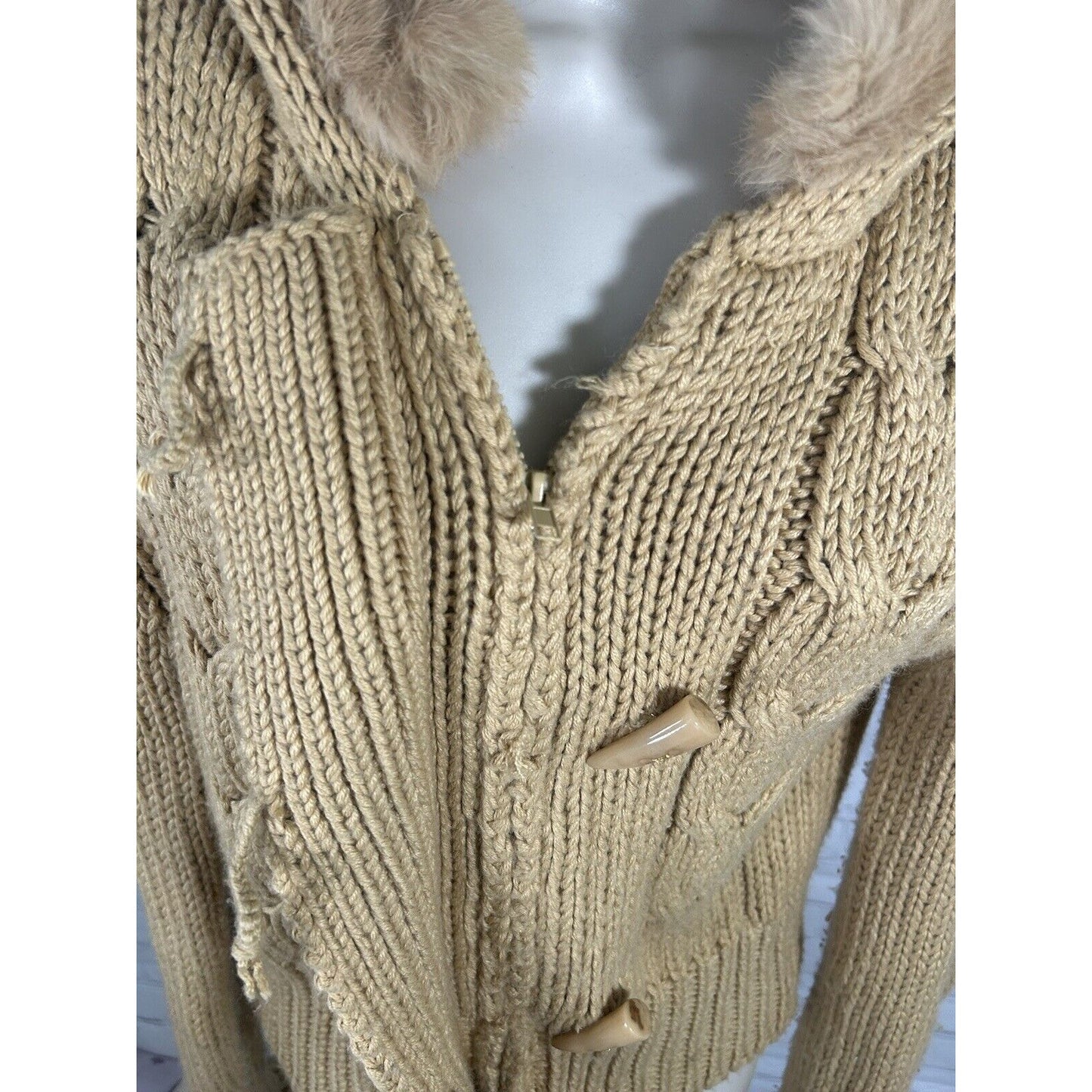 Kenji Chunky Hand Knit Brown Full Zip Rabbit Fur Hooded Toggle Close Jacket XL
