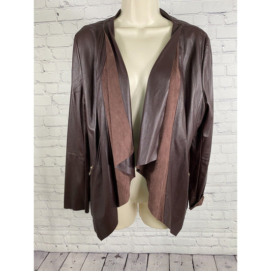 Dolce Cabo Brown Open Drapey Front Soft Vegan Leather Zipper Pockets Jacket M