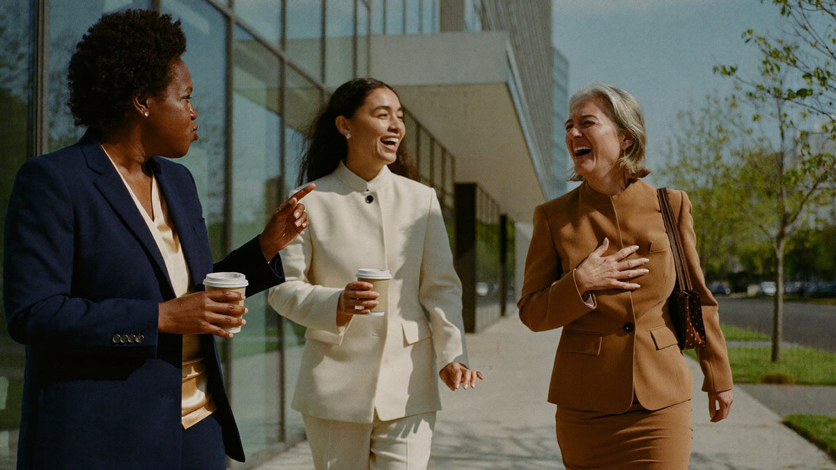 Three women in tailored blazers laughing as they walk out of a downtown office with coffees
