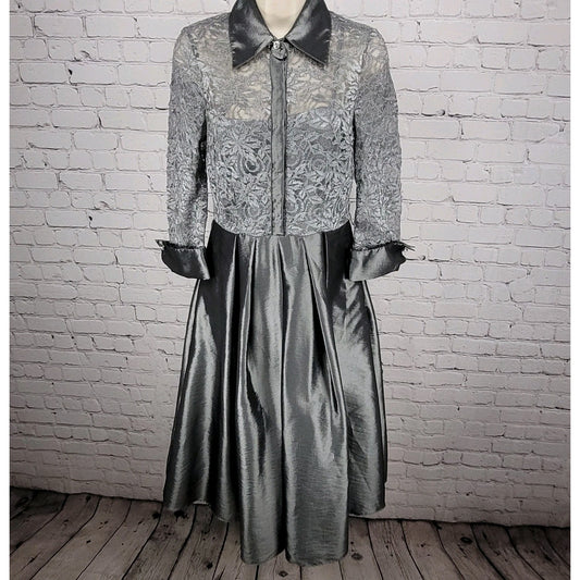 Eliza J Grey Lace 3/4 Sleeve Overlay Rhinestone Button A-Line Dress 2 *cut strap