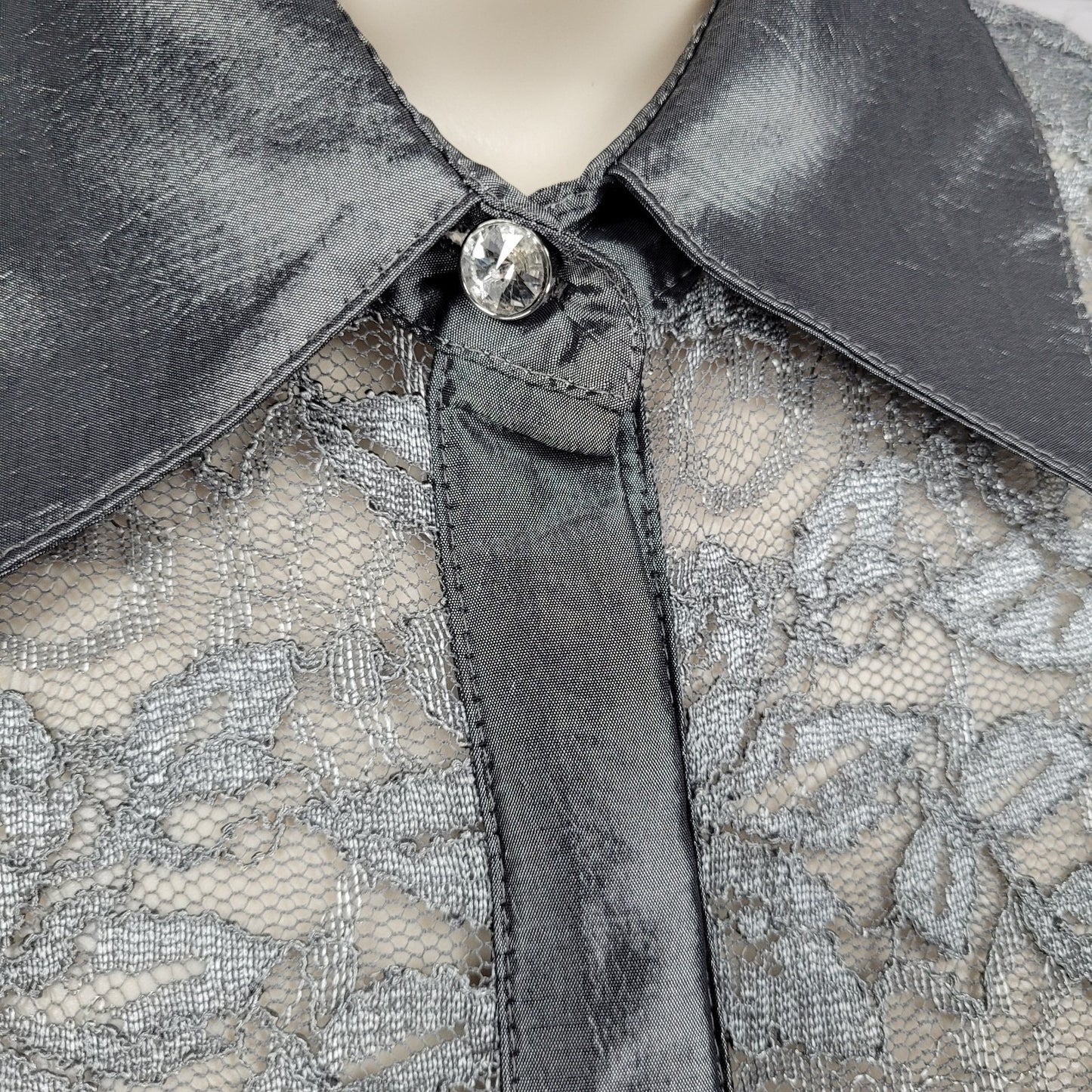 Eliza J Grey Lace 3/4 Sleeve Overlay Rhinestone Button A-Line Dress 2 *cut strap