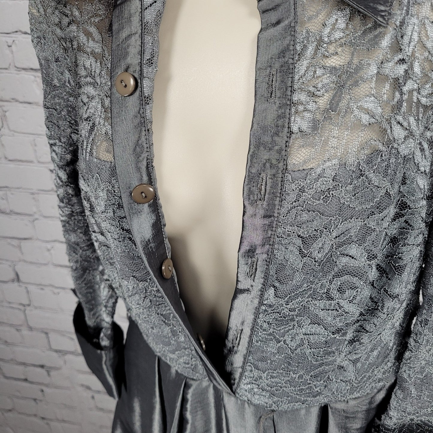 Eliza J Grey Lace 3/4 Sleeve Overlay Rhinestone Button A-Line Dress 2 *cut strap