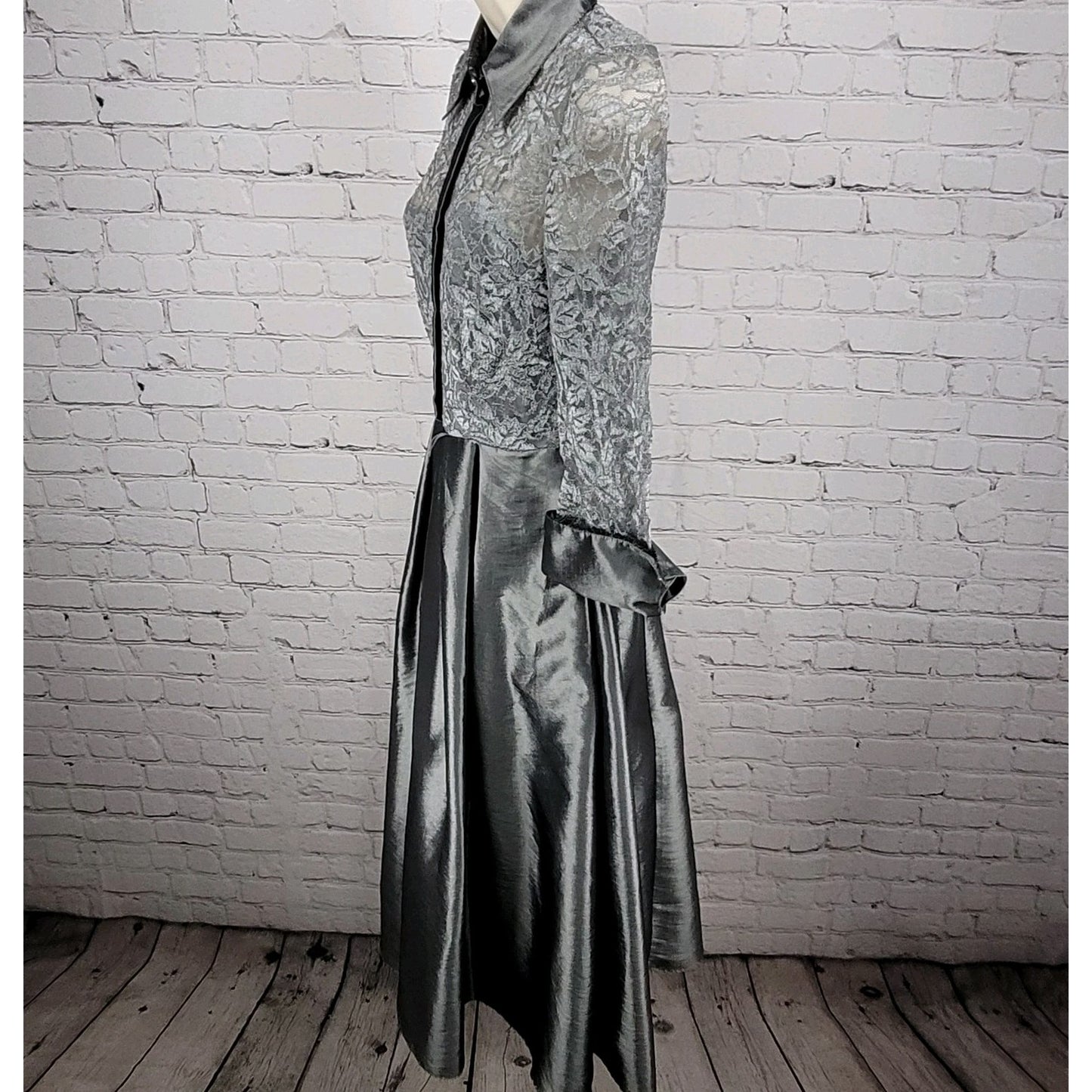 Eliza J Grey Lace 3/4 Sleeve Overlay Rhinestone Button A-Line Dress 2 *cut strap