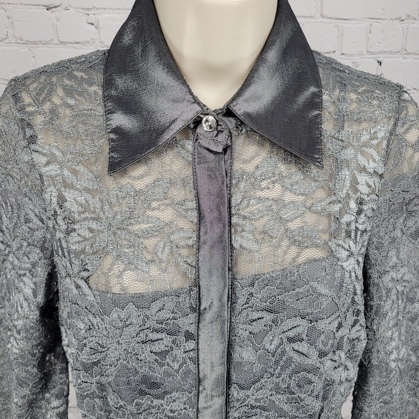 Eliza J Grey Lace 3/4 Sleeve Overlay Rhinestone Button A-Line Dress 2 *cut strap