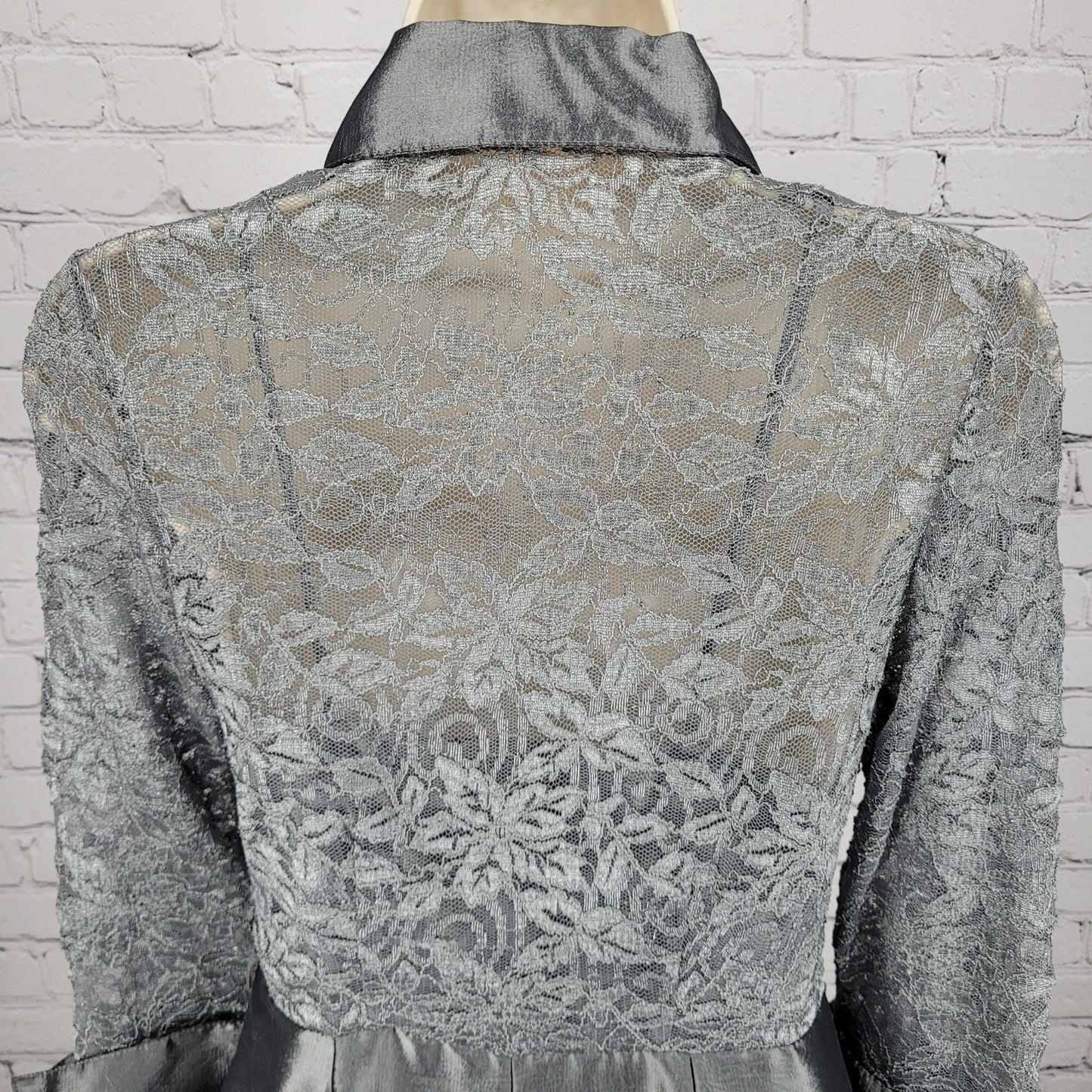 Eliza J Grey Lace 3/4 Sleeve Overlay Rhinestone Button A-Line Dress 2 *cut strap