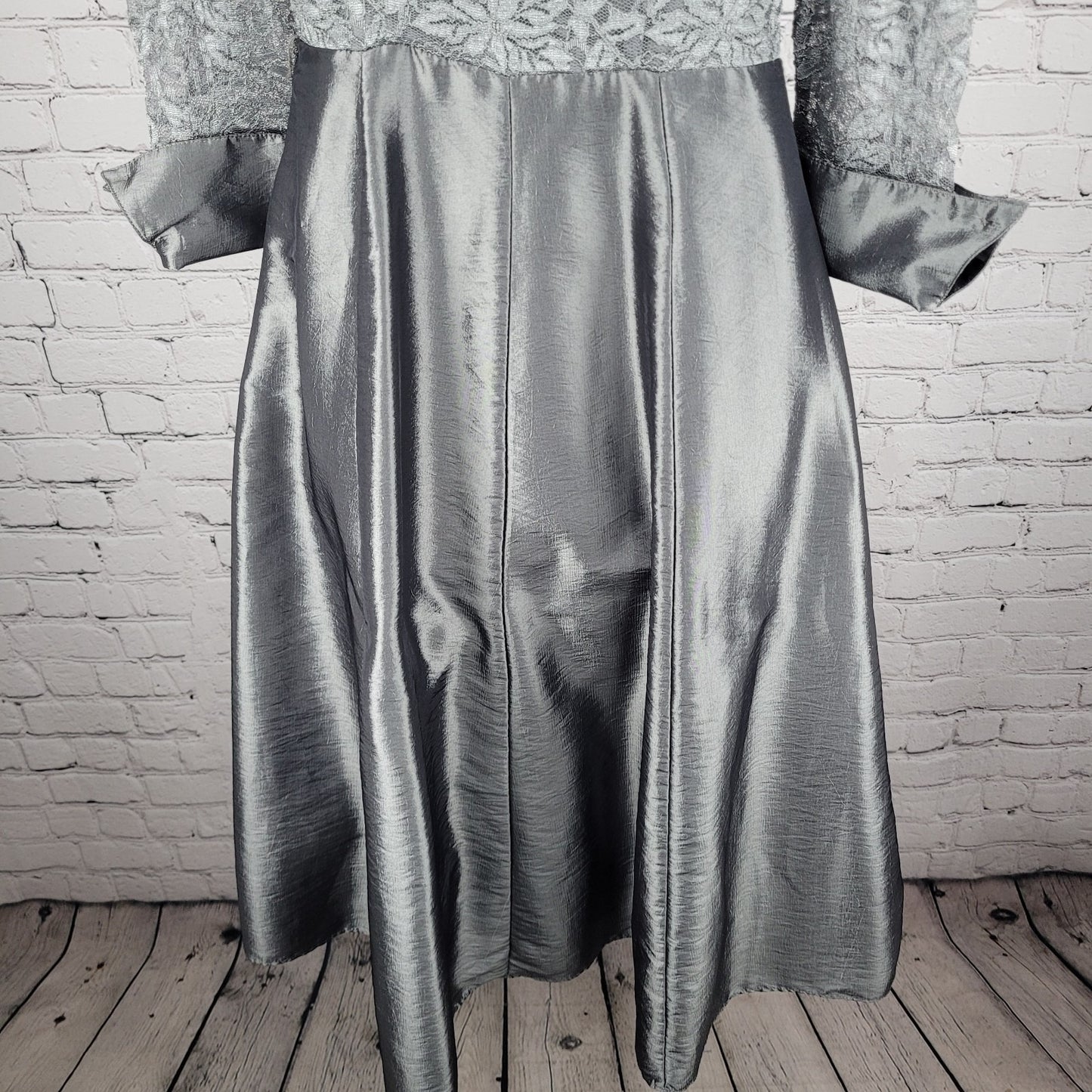 Eliza J Grey Lace 3/4 Sleeve Overlay Rhinestone Button A-Line Dress 2 *cut strap