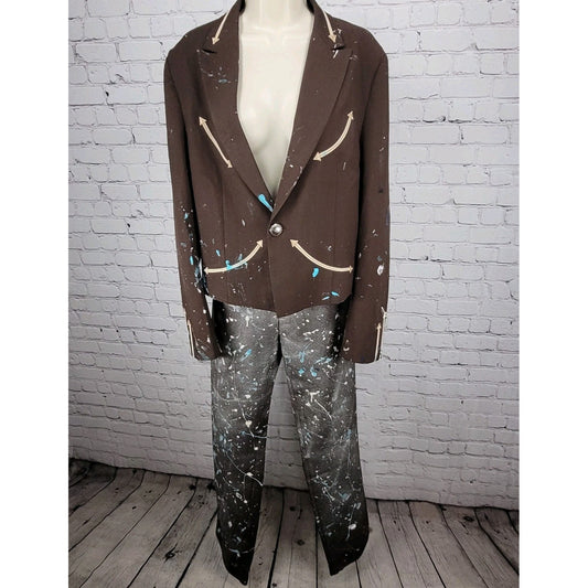 H Bar C Brown Paint Splattered Western Suit Up Cycled Blazer Medium Pants 29x34