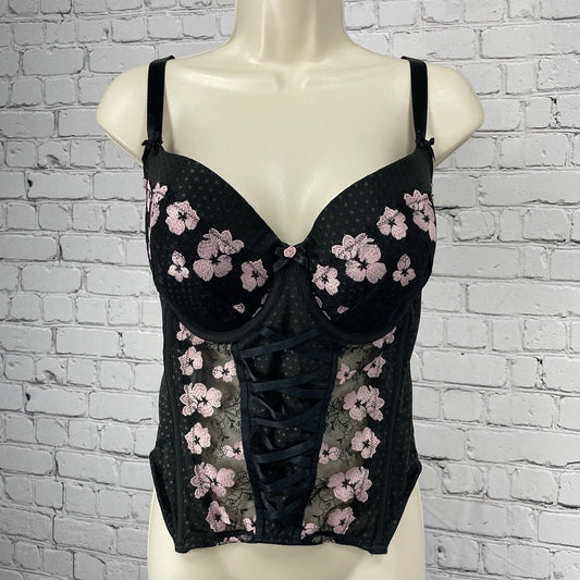 Cacique Black Mesh Merry Widow Floral Lace Underwire Bustier Corset Size 36DDD