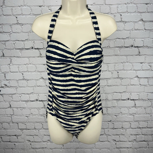 Nip Tuck Multi Fit Cup Blue Gold Striped Halter One Piece Swimsuit Womens Size 8