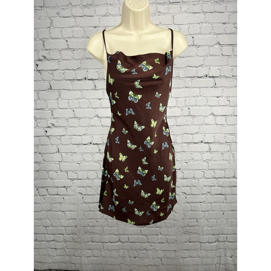 NWT Urban Outfitters Mallory Butterfly Satin Mini Slip Dress Brown/Cocoa XS