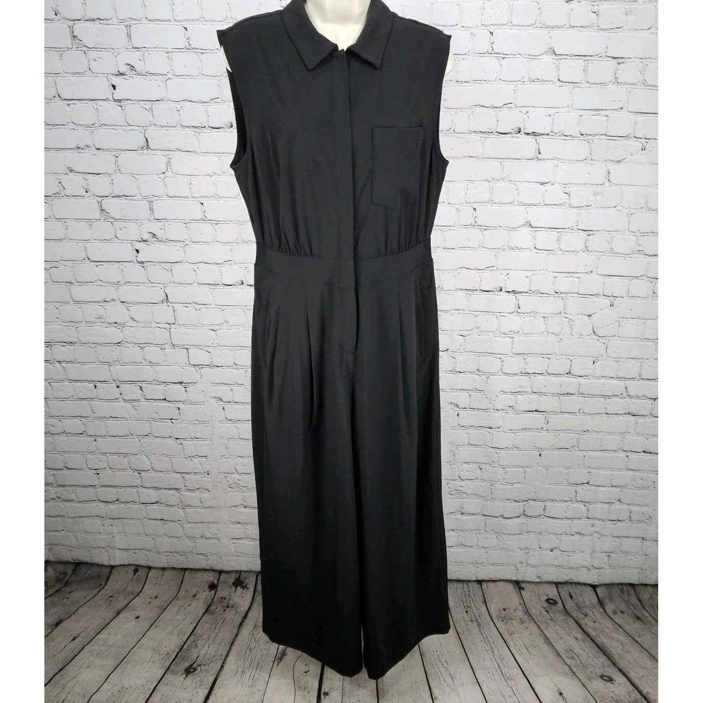 Athleta Black Pleated Wide Leg Front Zip Sleeveless Stretch 1 Piece Jumper 10P