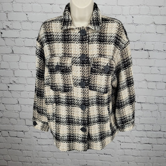 Zara Black Beige Check Buttoned Collared Unlined Shacket Jacket XS