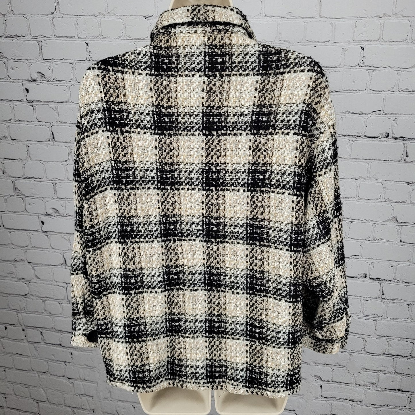 Zara Black Beige Check Buttoned Collared Unlined Shacket Jacket XS