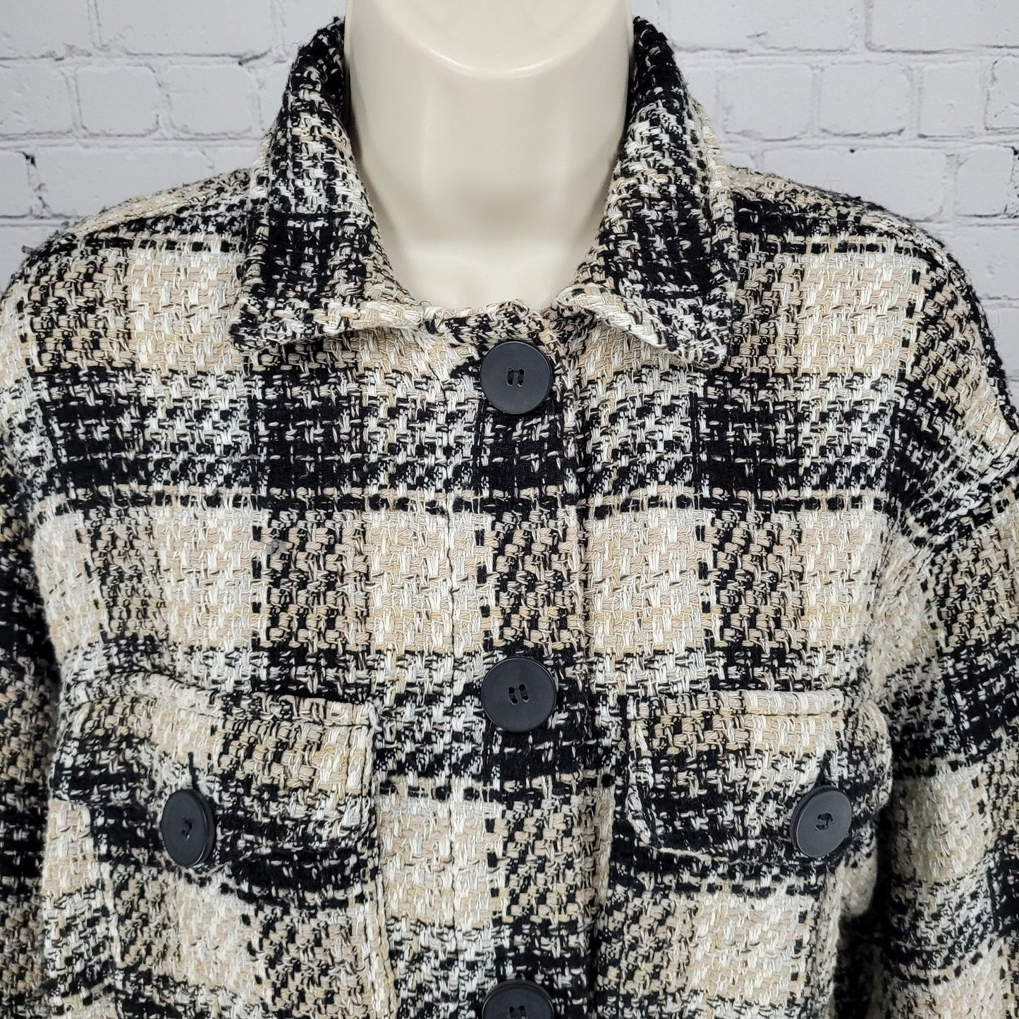Zara Black Beige Check Buttoned Collared Unlined Shacket Jacket XS