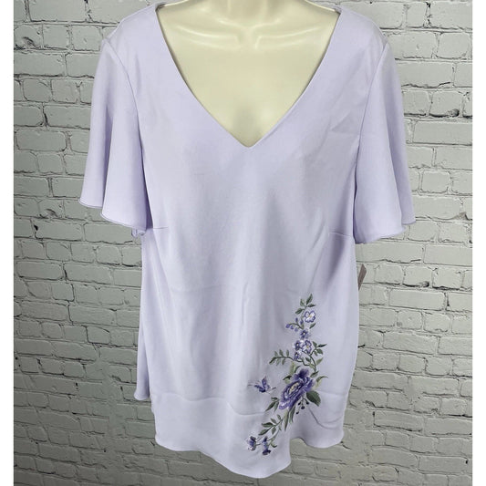 NWD Dressbarn Purple Embroidered Floral Flutter Short Sleeve Blouse Top Size 16W