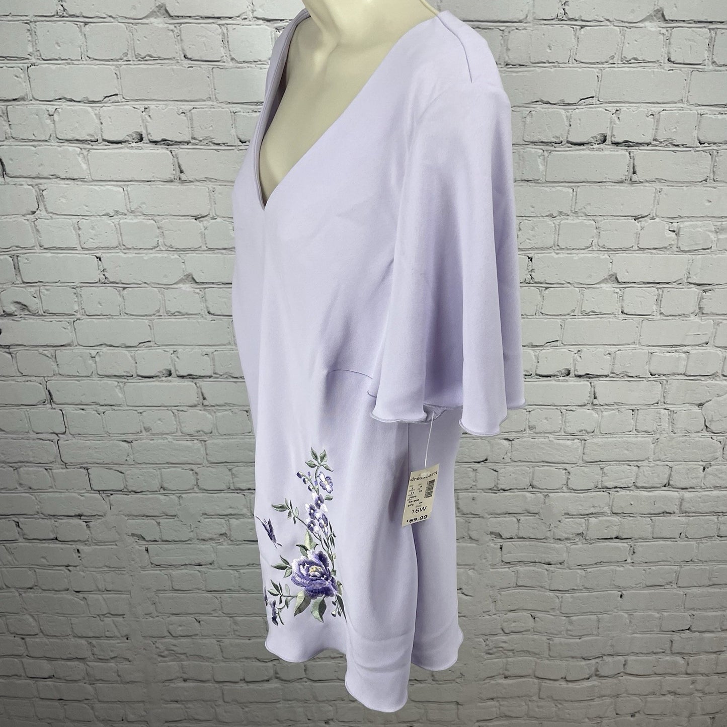 NWD Dressbarn Purple Embroidered Floral Flutter Short Sleeve Blouse Top Size 16W