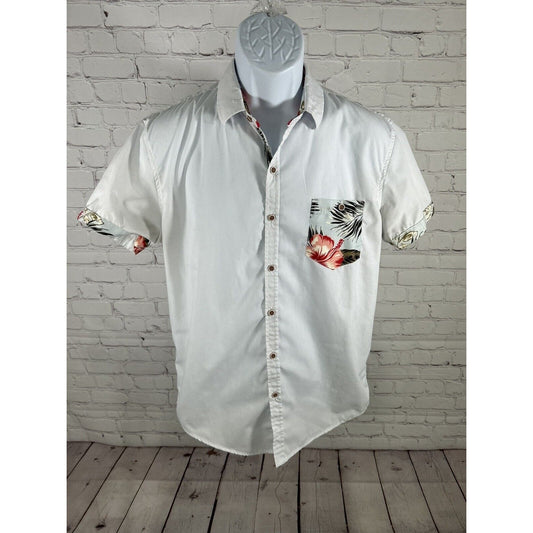 Craft + Flow Voyage White Hawaiian Tropical Button Up Short Sleeve Shirt Men’s M