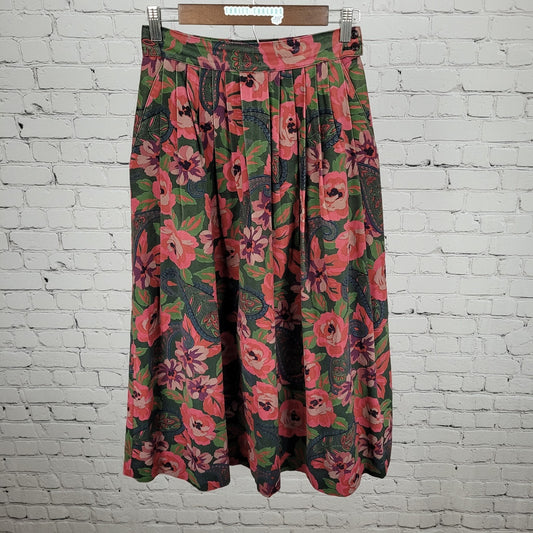 VTG Charter Club Jane Justin Green Floral Paisley Pleated Skirt Size 6 (25x33)