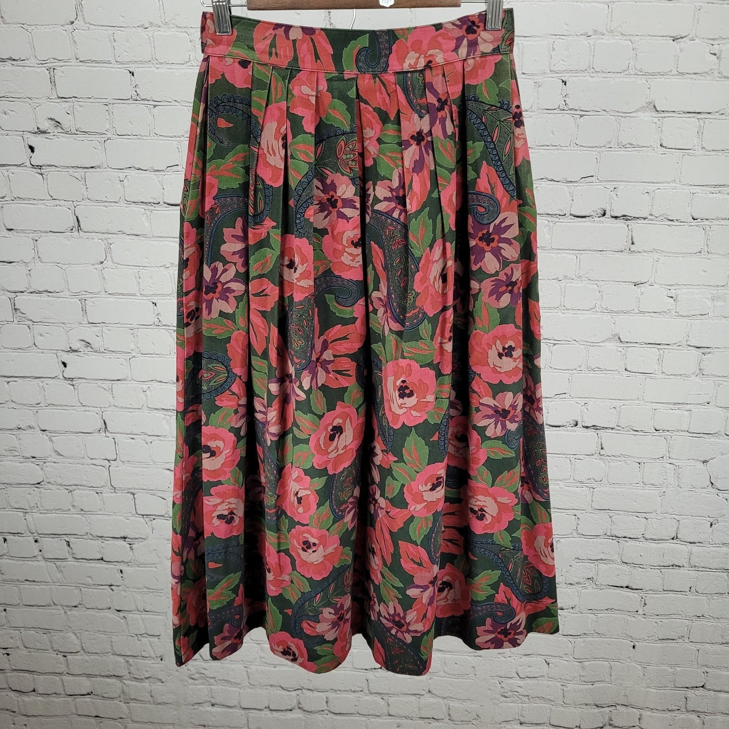 VTG Charter Club Jane Justin Green Floral Paisley Pleated Skirt Size 6 (25x33)