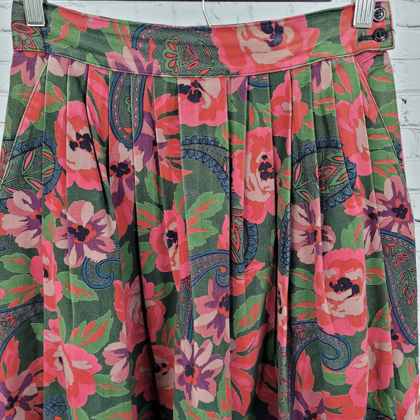 VTG Charter Club Jane Justin Green Floral Paisley Pleated Skirt Size 6 (25x33)