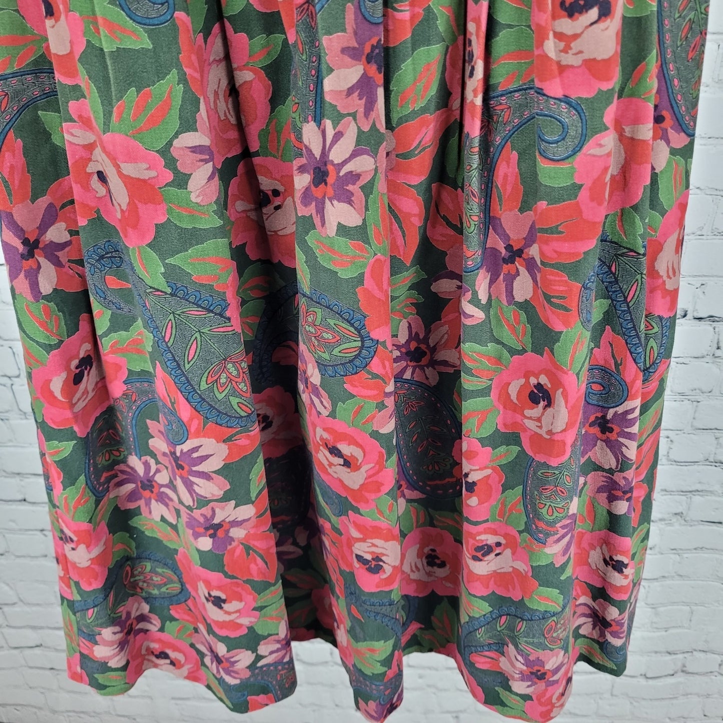 VTG Charter Club Jane Justin Green Floral Paisley Pleated Skirt Size 6 (25x33)