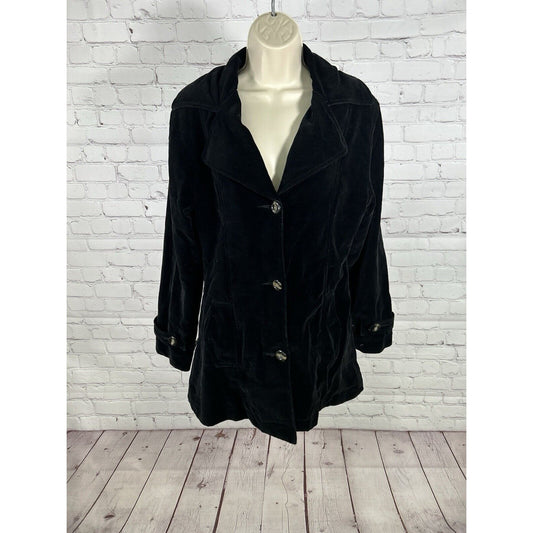 VTG Urban Vibe Black Velour Mid Length Cotton Shell Button Up Blazer Womens S