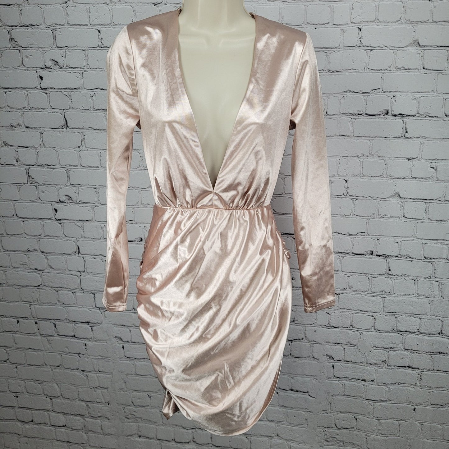 NWD Club London Pink Satin Stretch Plunge Long Sleeve Bodycon Dress Size 4