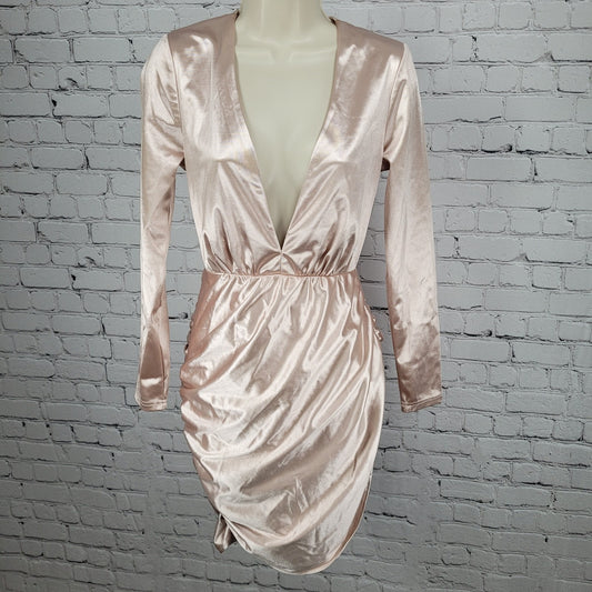 NWD Club London Pink Satin Stretch Plunge Long Sleeve Bodycon Dress Size 4