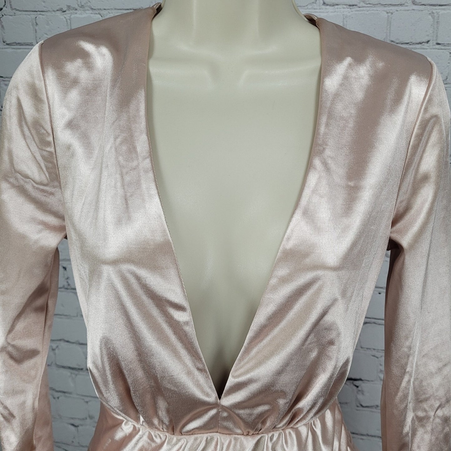 NWD Club London Pink Satin Stretch Plunge Long Sleeve Bodycon Dress Size 4