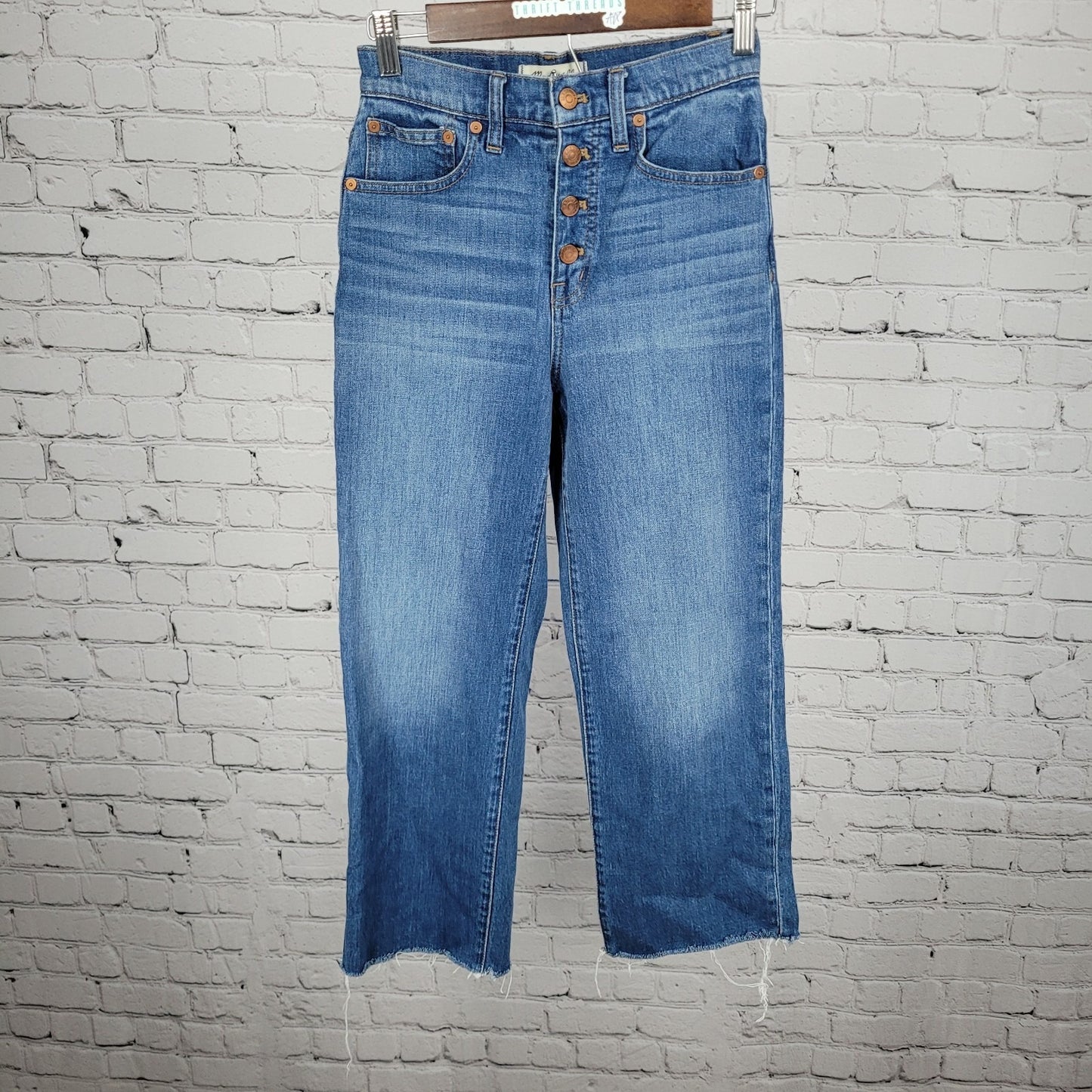 Madewell Blue Denim Slim Wide Leg Crop Medium Wash Raw Hem Jeans 24 (24x24)