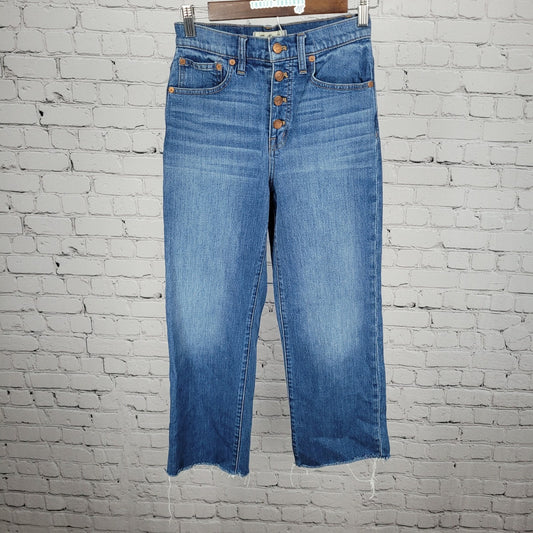 Madewell Blue Denim Slim Wide Leg Crop Medium Wash Raw Hem Jeans 24 (24x24)