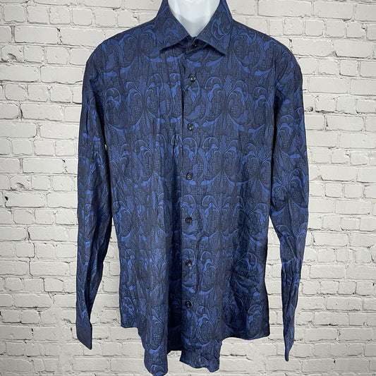 NWD Jared Lang Blue Damask Print Lightweight Long Sleeve Button Up Shirt Size XL