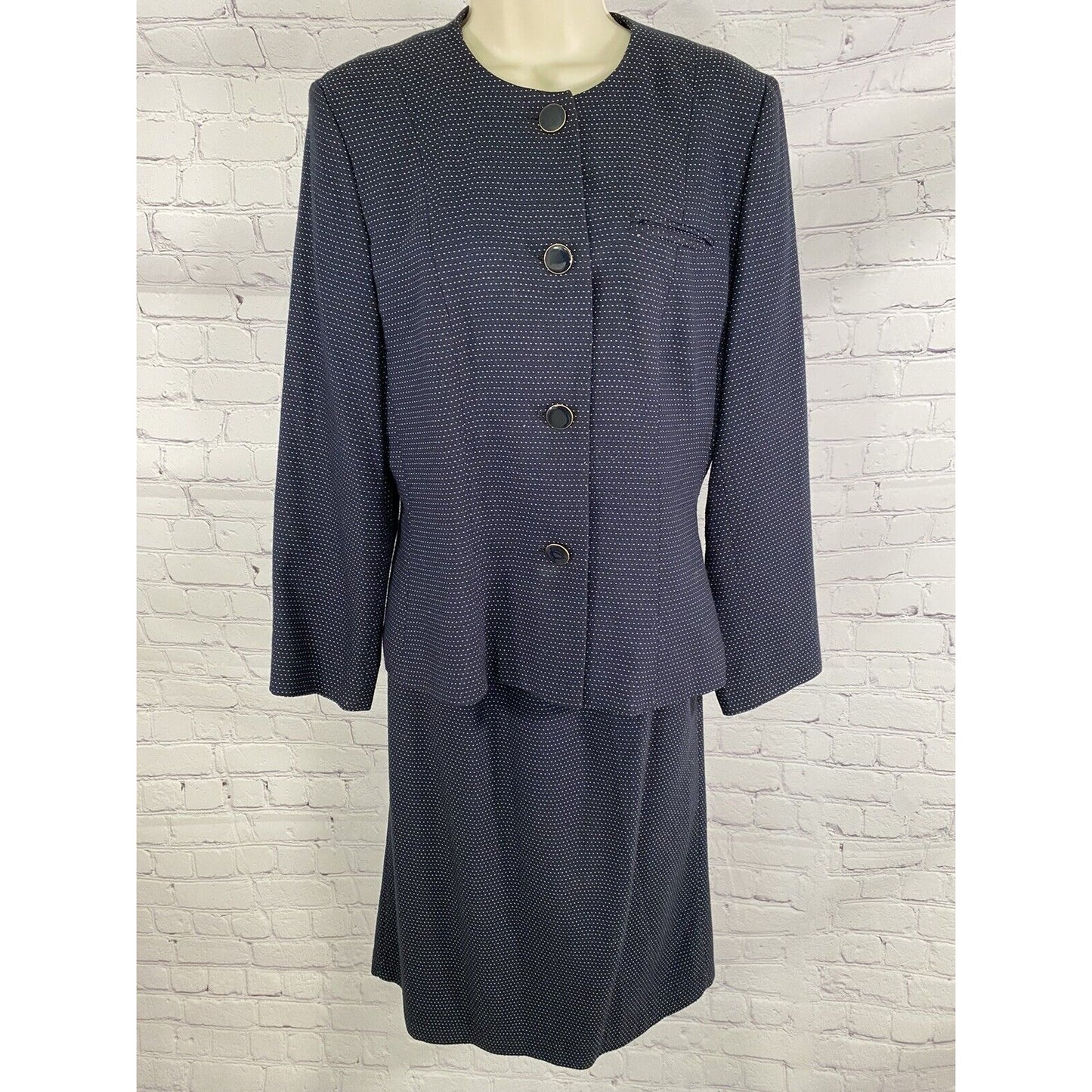 VTG Karen Ellis Navy Blue Two Piece Pencil Skirt Suit Jacket Blazer Size 6